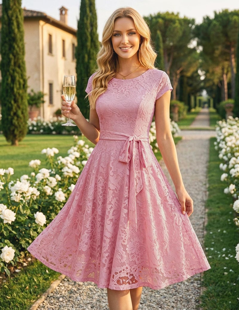 MUADRESS Women Cap-Sleeve Lace Floral Elegant Cocktail Dress Crew Neck Knee Length Bridesmaid Prom Dresses for Party Blush 4XL - Image 5