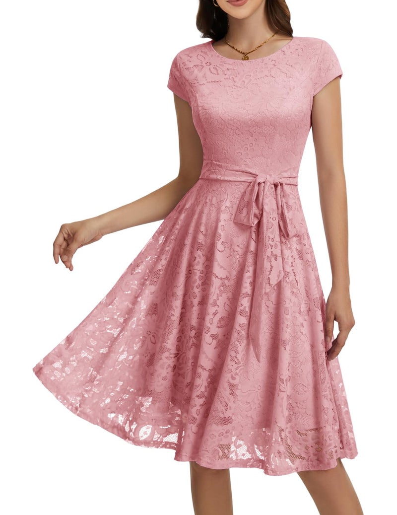 MUADRESS Women Cap-Sleeve Lace Floral Elegant Cocktail Dress Crew Neck Knee Length Bridesmaid Prom Dresses for Party Blush 4XL - Image 1