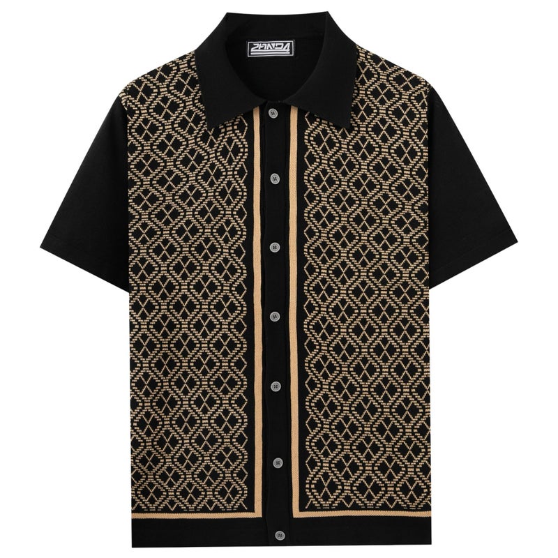 Men's Diamond Jacquard Knitted Polo Shirt, Short Sleeve, Contrast Collar - Image 4