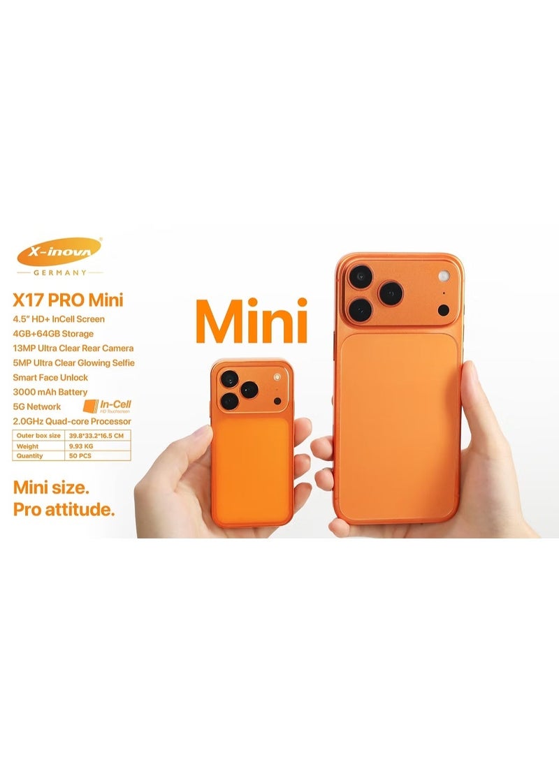 X-inova X17 PRO Mini Smartphone – 4.5" HD+ InCell Display, 4GB RAM, 64GB ROM, 5G Network & 13MP Ultra Clear Camera (ORANGE) - Image 2