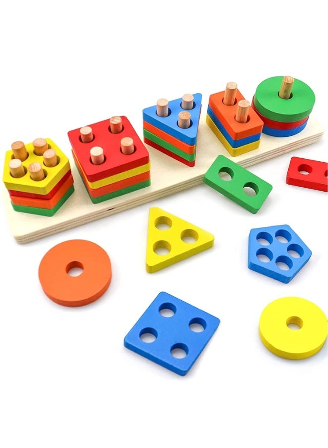 ARGT Wooden Montessori Toys Pattern Block Toy for Kids | Educational STEM Fine Motor Skills Sensory Toy | Wooden Shape Color Recognition Matching Geometric Shape Stacker - Image 1