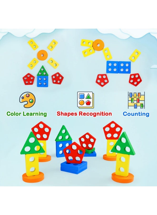 ARGT Wooden Montessori Toys Pattern Block Toy for Kids | Educational STEM Fine Motor Skills Sensory Toy | Wooden Shape Color Recognition Matching Geometric Shape Stacker - Image 5