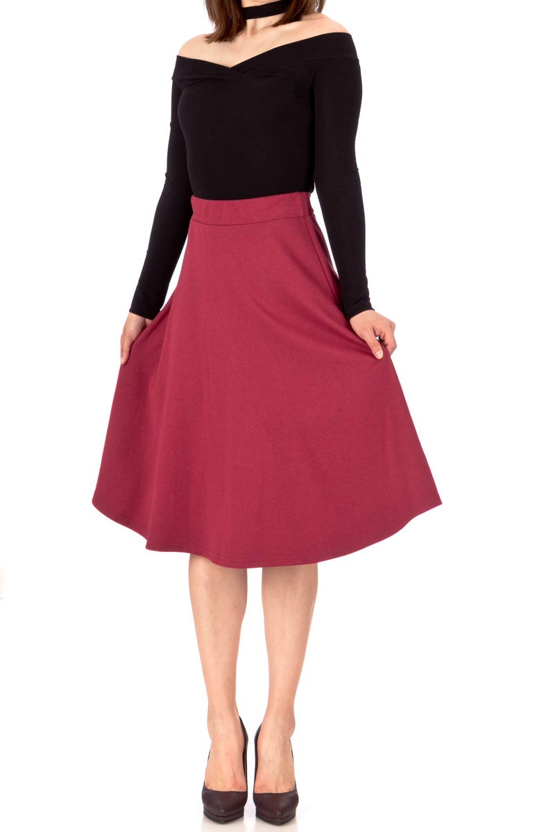 Dani's Choice Everyday High Waist A-line Flared Skater Midi Skirt (S, Burgundy) - Image 1