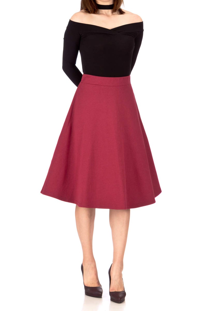 Dani's Choice Everyday High Waist A-line Flared Skater Midi Skirt (S, Burgundy) - Image 4