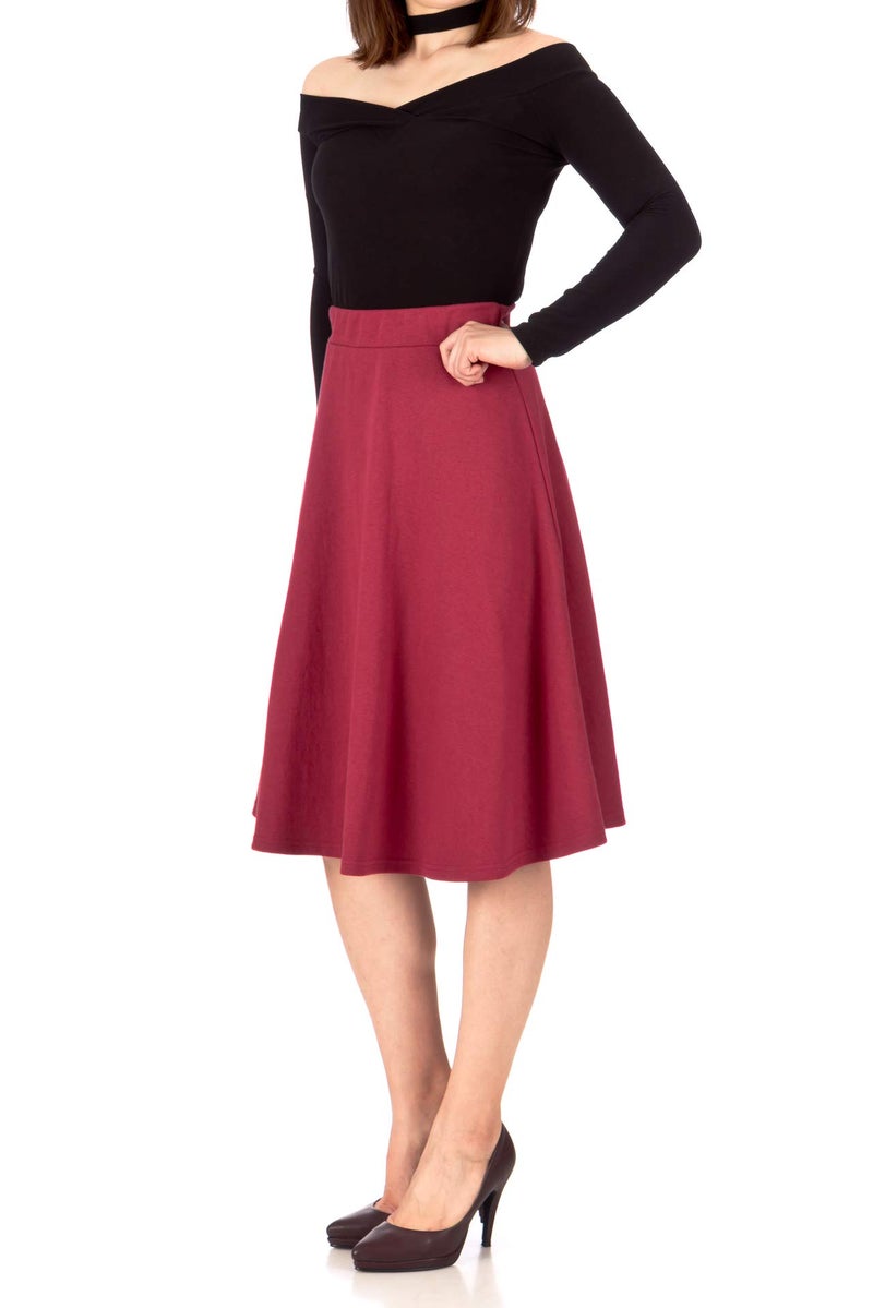 Dani's Choice Everyday High Waist A-line Flared Skater Midi Skirt (S, Burgundy) - Image 2