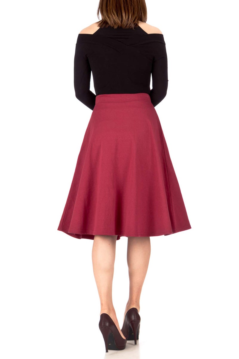 Dani's Choice Everyday High Waist A-line Flared Skater Midi Skirt (S, Burgundy) - Image 3