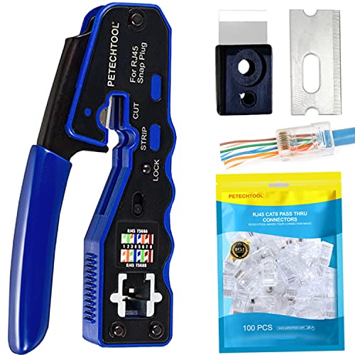 PETECHTOOL RJ45 Crimp Tool All-in-one Crimping Tool Ethernet Cable Crimper Stripper Cutter for Pass Thrugh Connectors with 100PCS Cat6 Connectors and 1 Set of Blades - Image 1