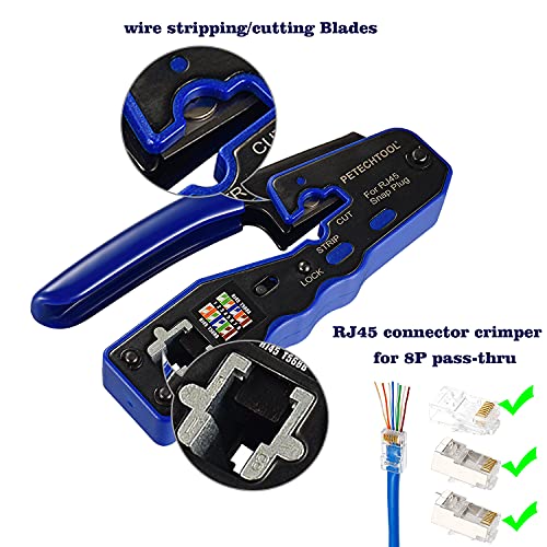 PETECHTOOL RJ45 Crimp Tool All-in-one Crimping Tool Ethernet Cable Crimper Stripper Cutter for Pass Thrugh Connectors with 100PCS Cat6 Connectors and 1 Set of Blades - Image 3