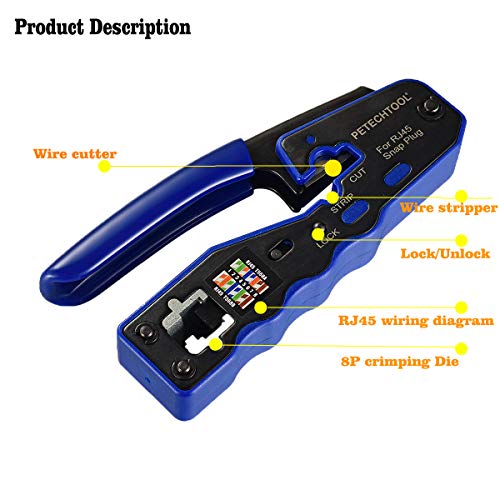 PETECHTOOL RJ45 Crimp Tool All-in-one Crimping Tool Ethernet Cable Crimper Stripper Cutter for Pass Thrugh Connectors with 100PCS Cat6 Connectors and 1 Set of Blades - Image 2