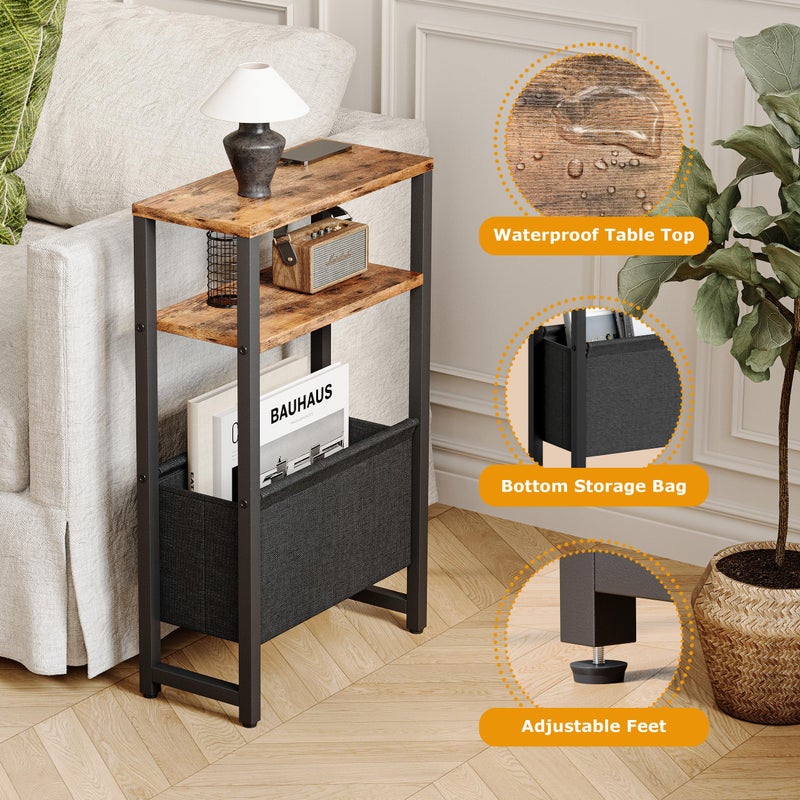 IRCPEN Narrow Side Table, Slim End Table with Magazine Rack, Bedside Table for Small Spaces, 3 Tier Sofa Couch Table Nightstand for Living Room, Bedroom Rustic Brown LET503R - Image 4