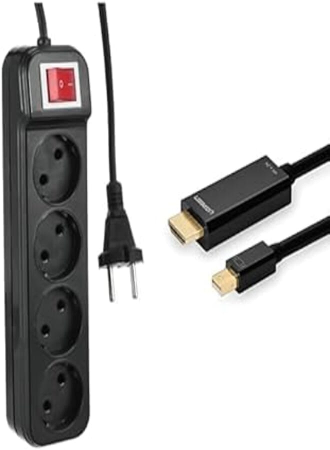TV Essential Bundle (Zero z20 power strip joint 4 sockets with power button - black, 1.5m + UGREEN Mini DP Male to HDMI Cable 4K 1.5m - Black (20848)) 