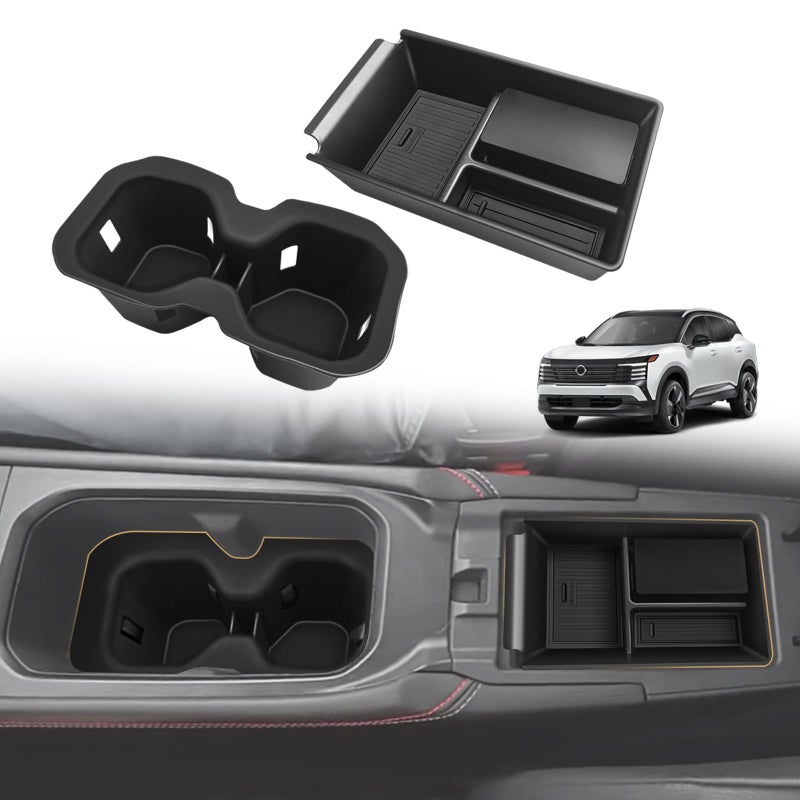 Muslogy Center Console Organizer Cup Holder Insert 2PCS Set Compatible with 2025 Nissan Kicks Accessories Armrest Box Divider Storage Tray and Drink Stopper NonSlip Console Tray CupHolder
