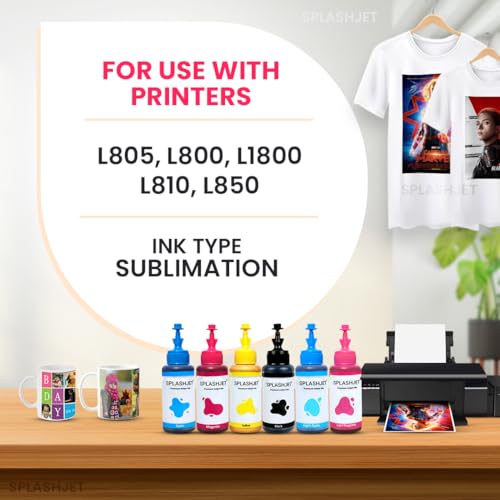 Splashjet Sublimation Ink for Epson L805, L800, L1800 - Heat Transfer Printing on Mugs, Mobile Cases, Polyester T-Shirts etc for use with Epson 6 Color Printers (70gm x 6 Color) Ink Bottle – 501907 - Image 3