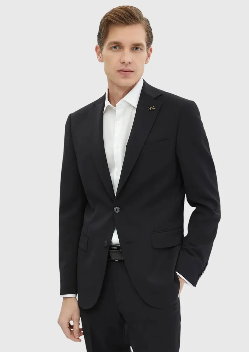 RAMSEY Black Plain Modern Fit 100% Wool Suit