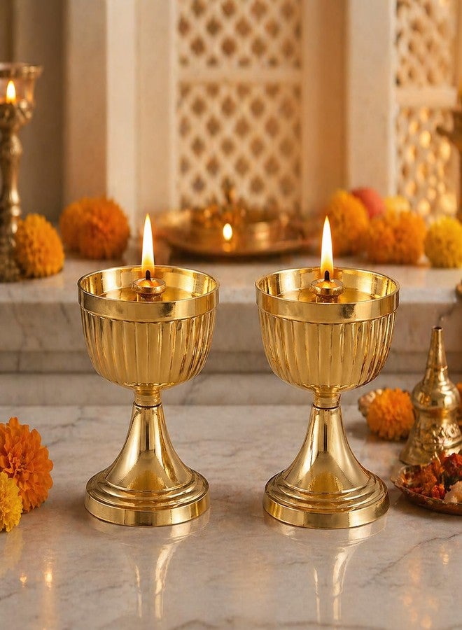 SACCH Pure Brass Pooja Diya Set of 2, Ribbed Pyali Deepak, Gold Finish Traditional Oil Lamp for Mandir, Diwali Decor & Gifting, 210 g Set Weight, 6.4 cm - Image 3