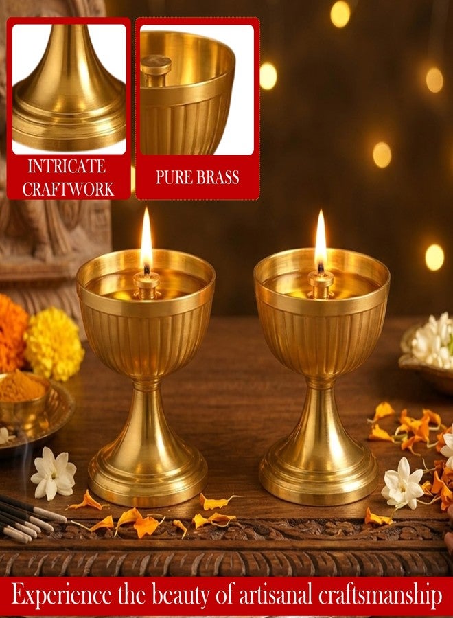SACCH Pure Brass Pooja Diya Set of 2, Ribbed Pyali Deepak, Gold Finish Traditional Oil Lamp for Mandir, Diwali Decor & Gifting, 210 g Set Weight, 6.4 cm - Image 5