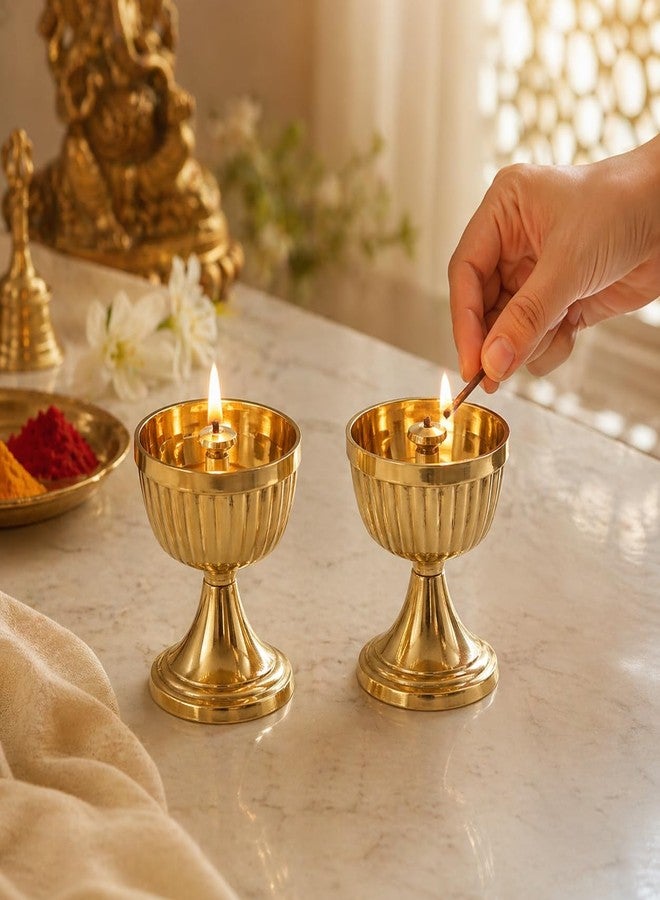 SACCH Pure Brass Pooja Diya Set of 2, Ribbed Pyali Deepak, Gold Finish Traditional Oil Lamp for Mandir, Diwali Decor & Gifting, 210 g Set Weight, 6.4 cm - Image 1