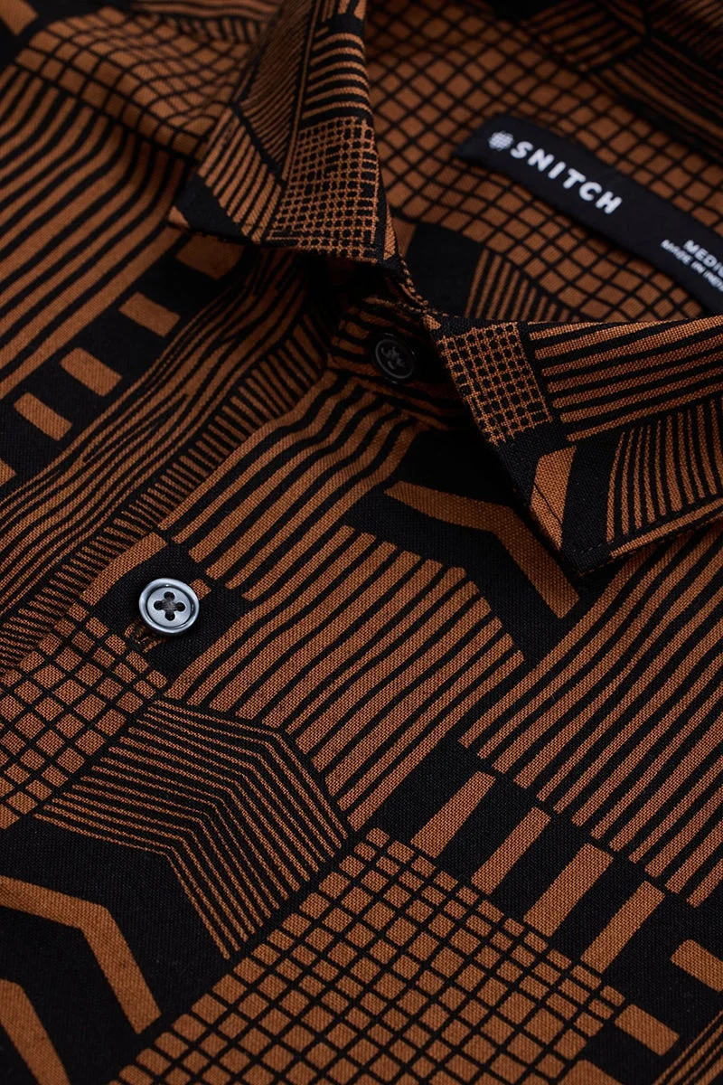 سنيتش Brown Geometric Long Sleeve Slim Fit Shirt