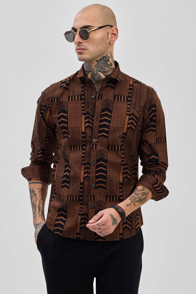 سنيتش Brown Geometric Long Sleeve Slim Fit Shirt