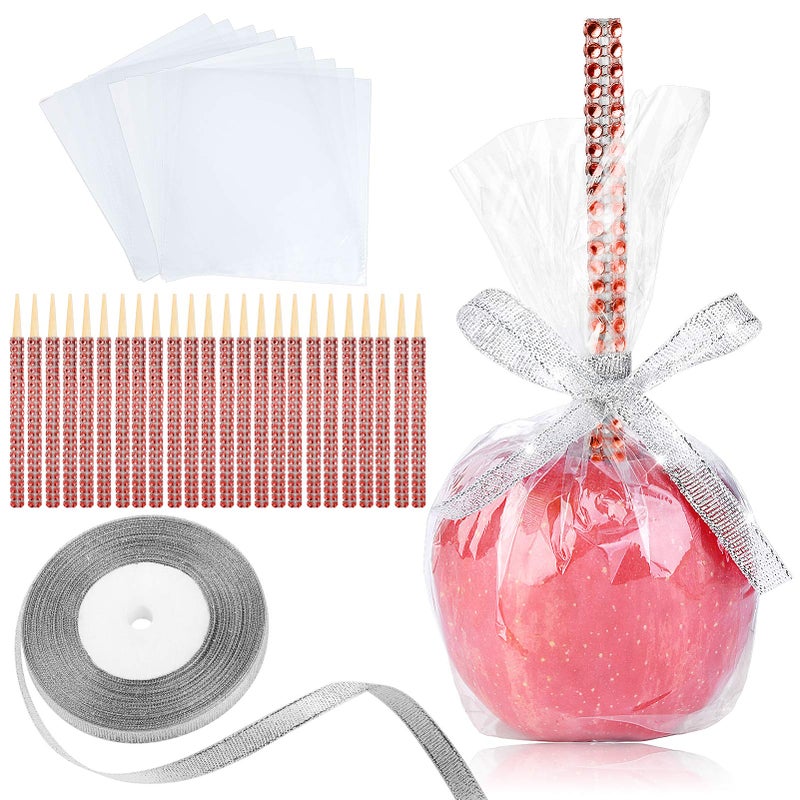 MGWOTH 24 Pack Bling Candy Apple Sticks and Bags Kits Caramel Apple Wooden SkewersFood Bamboo Decorative Sticks for Rice Krispie Treats Cookie Cake Pops Corn Dogs with Glass Wrapper Glitter Ribbons Tie 
