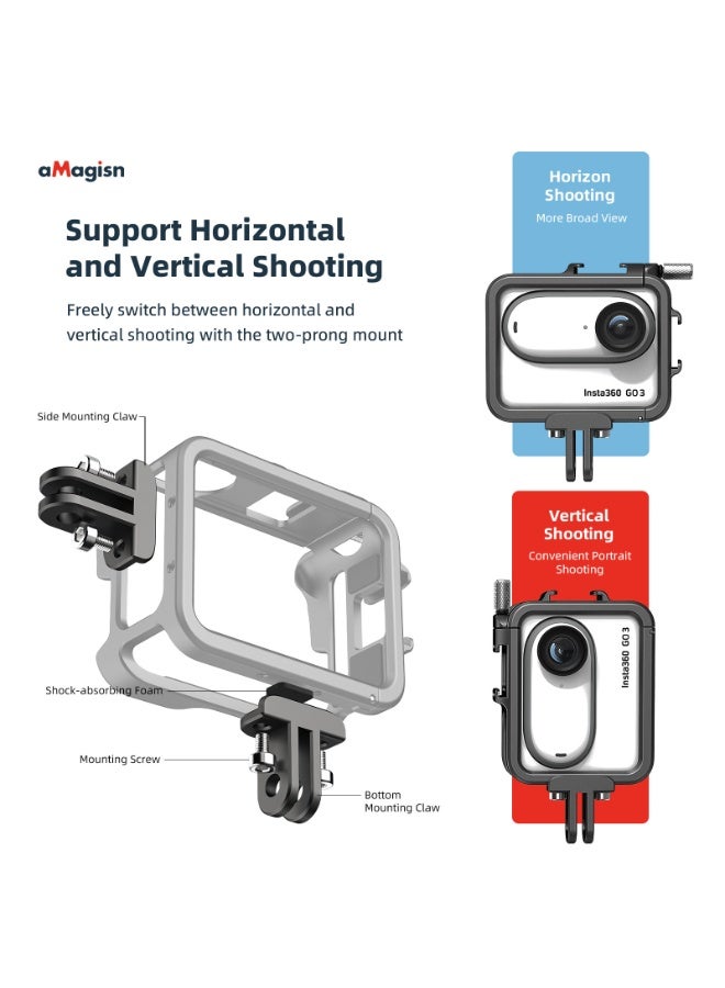 aMagisn إطار حماية معدني لـ Insta360 GO3S – تركيب أفقي/عمودي، غطاء سيليكون للعدسة، منافذ حذاء بارد، دعم فتح الشاشة، متوافق مع قاعدة التثبيت السريع - Image 3
