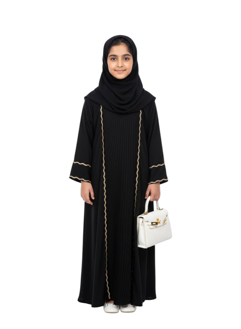 عباية سوداء للبنات على الطراز الإماراتي مزينة بتطريز ذهبي، فستان إسلامي تقليدي، تصميم أنيق بأكمام طويلة مطوية مع كارديجان متناسق، مناسب للمناسبات الرسمية