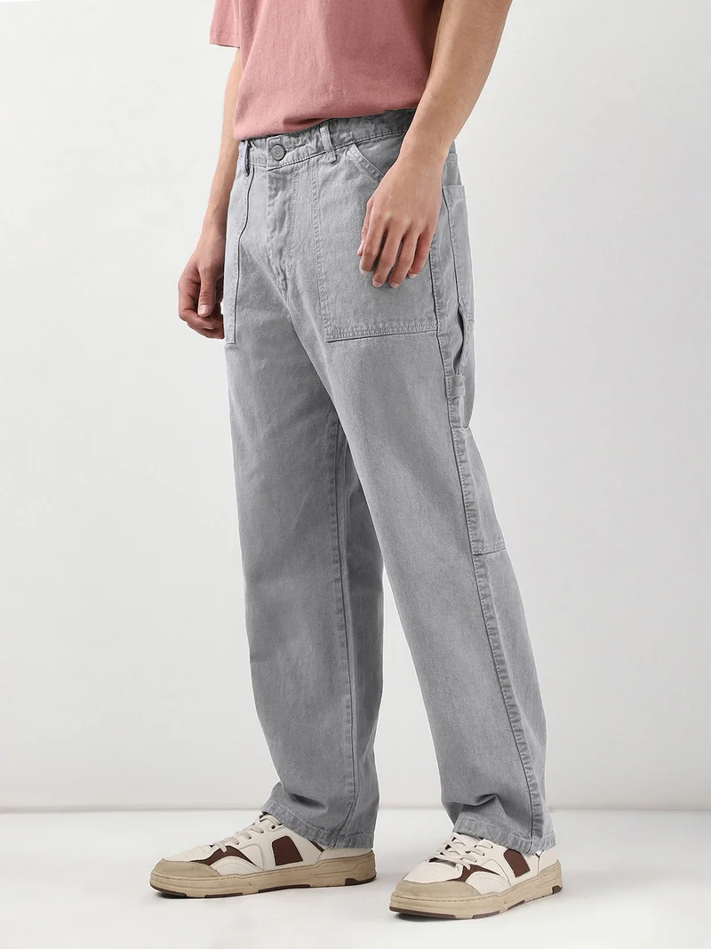 Urbano Fashion Men's Ice Grey Loose Fit Cargo Carpenter Jeans With 6 Pockets Non-Stretchable