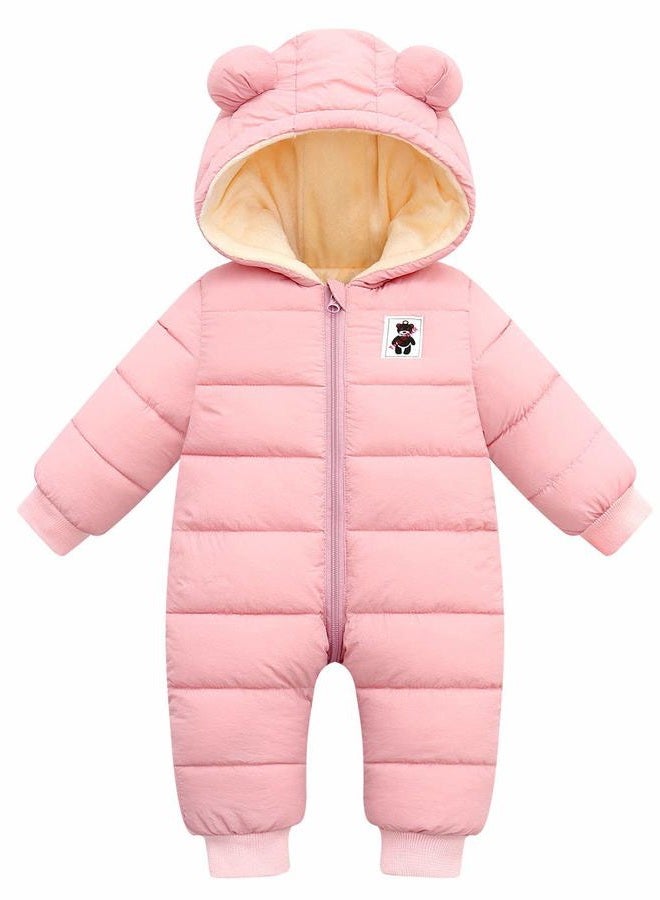 Happy Cherry Hooded Puffer Jacket for Baby Girls Boys Warm Jumpsuit Winter Snowsuit Long Sleeve Down Coat Romper Padded Onesie 18-24 Months Pink - Image 1