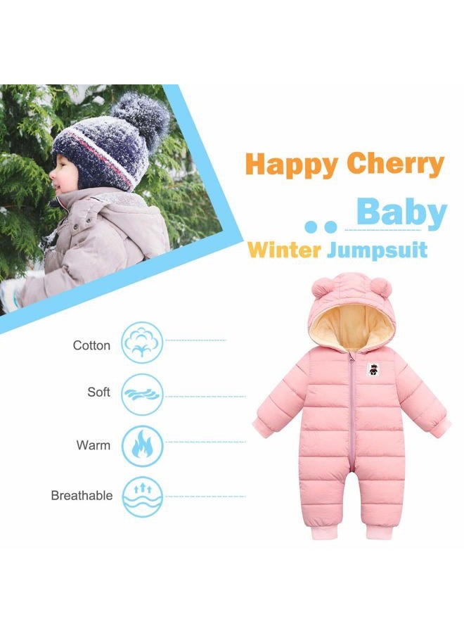 Happy Cherry Hooded Puffer Jacket for Baby Girls Boys Warm Jumpsuit Winter Snowsuit Long Sleeve Down Coat Romper Padded Onesie 18-24 Months Pink - Image 3