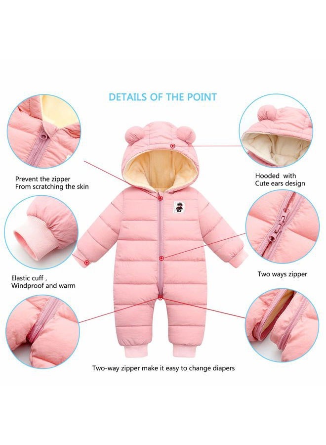 Happy Cherry Hooded Puffer Jacket for Baby Girls Boys Warm Jumpsuit Winter Snowsuit Long Sleeve Down Coat Romper Padded Onesie 18-24 Months Pink - Image 5