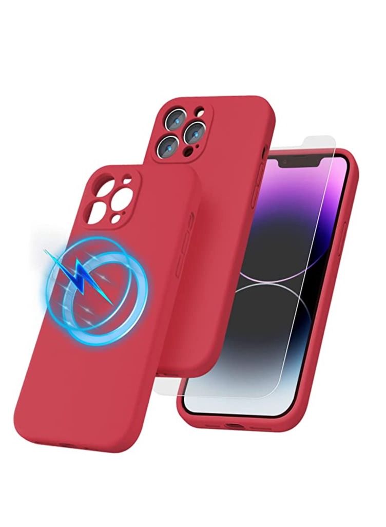 iPhone 14 Pro + 2 Pack Tempered Glass Screen Protector Magsafe Case Silicone Phone Case with Microfiber Lining for iPhone 14 Pro 6.1 inch 2022,Red - Image 1