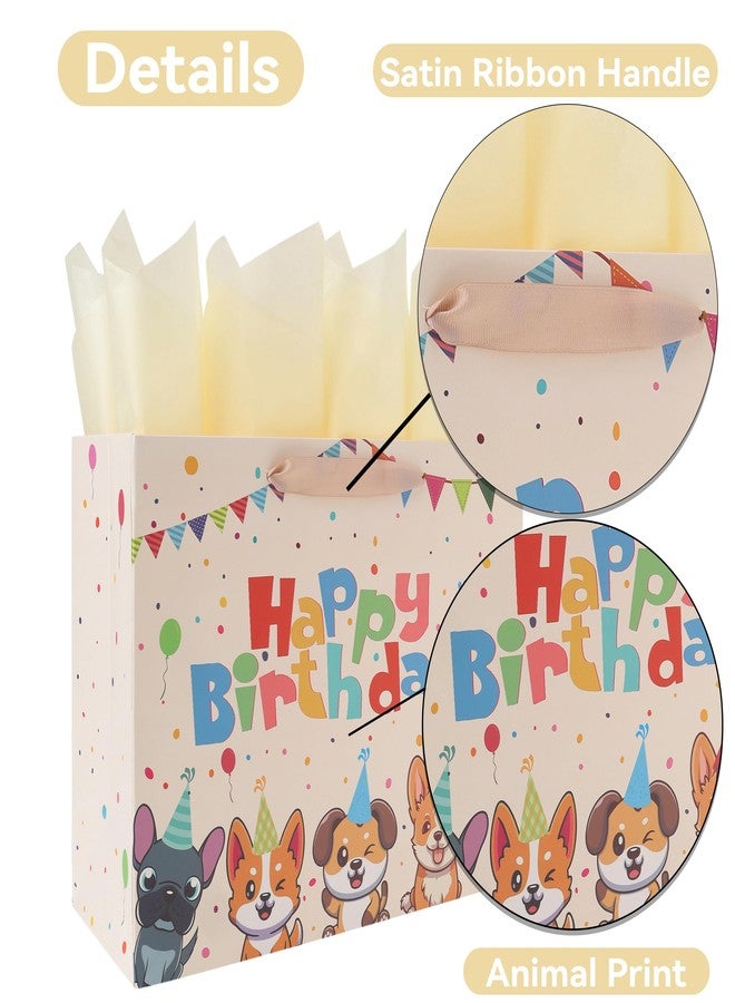 wishinside 13” Large Dog Happy Birthday Gift Bag Set with Handles, Greeting Card, Tissue Papers and Stickers for Girl Boy Kid Women Men, Cream Puppy Design, 1 Pcs - Image 4