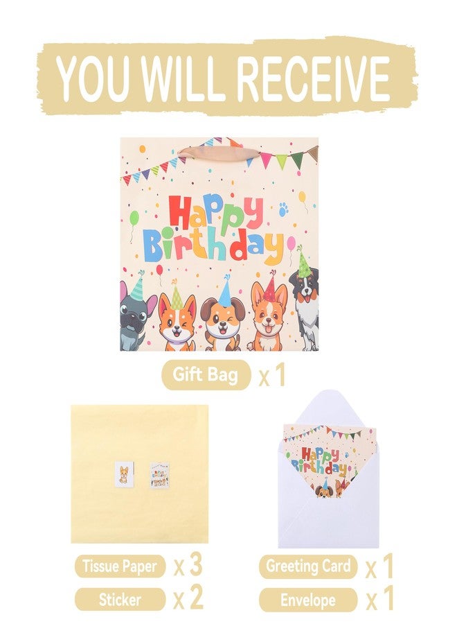 wishinside 13” Large Dog Happy Birthday Gift Bag Set with Handles, Greeting Card, Tissue Papers and Stickers for Girl Boy Kid Women Men, Cream Puppy Design, 1 Pcs - Image 3