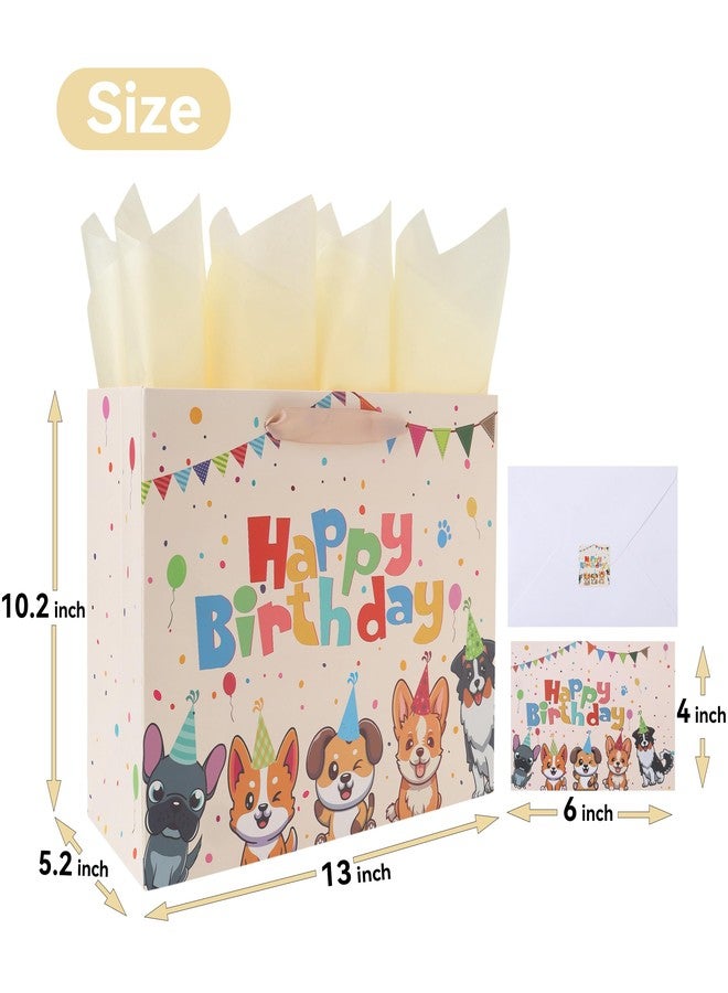 wishinside 13” Large Dog Happy Birthday Gift Bag Set with Handles, Greeting Card, Tissue Papers and Stickers for Girl Boy Kid Women Men, Cream Puppy Design, 1 Pcs - Image 2