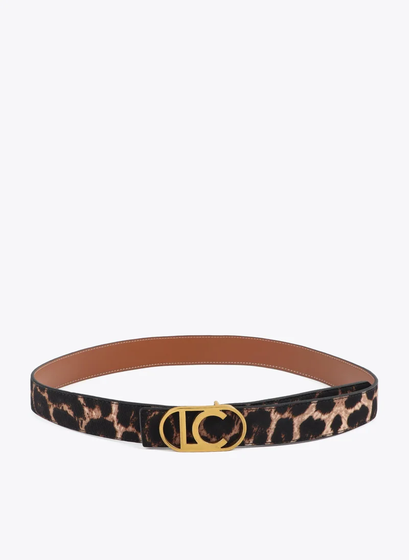 Lola Casademunt Reversible Animal Print Belt with Logo Oval Buckle