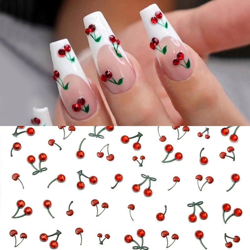 PrettyDiva Nail Art Stickers Crystal Cherry Art Nail Sticker Decals,5D Rhinstone Fruit Self-Adhesive Nail Decals