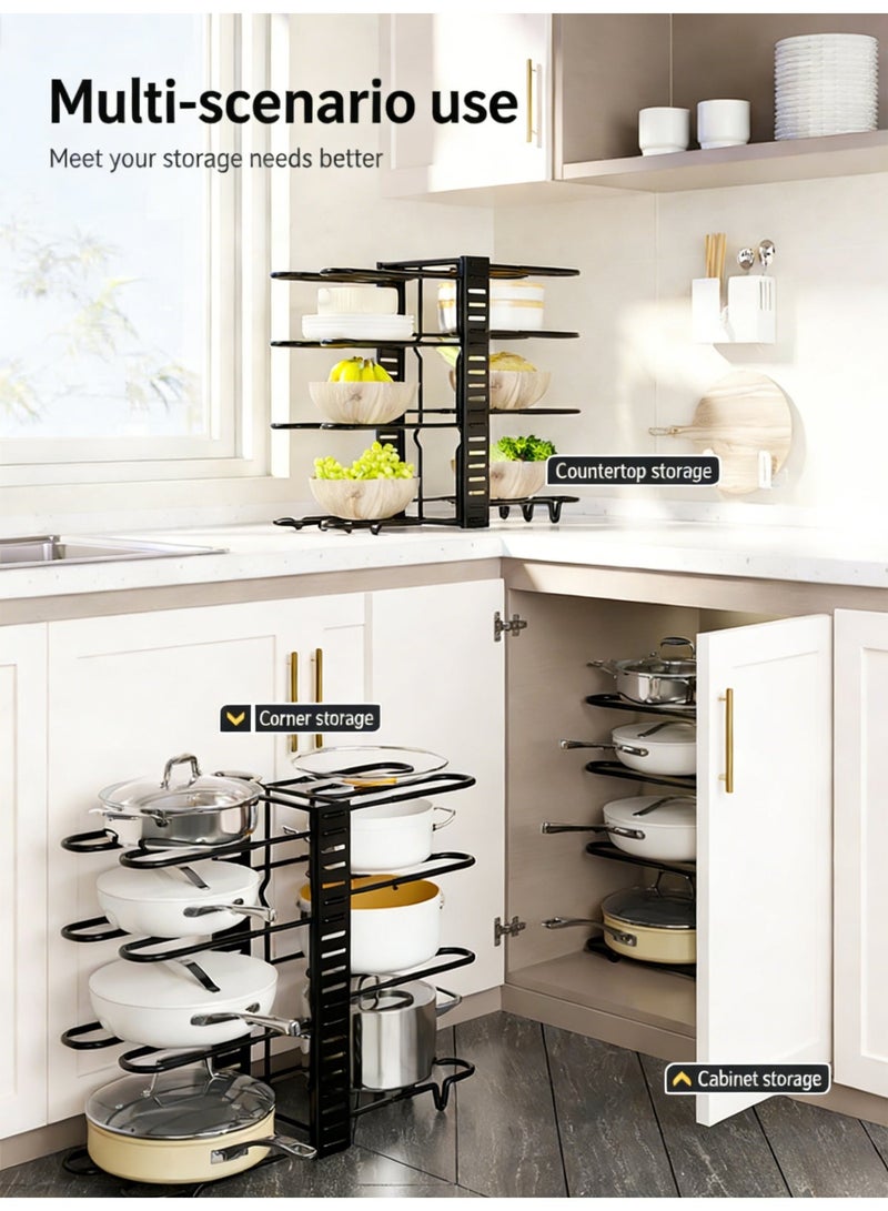 8 Tier Heavy Duty Pan Organizer Rack Adjustable Kitchen Cookware Storage Organizer Rack for Cabinet Non Slip Rubber Coated Pot Lid Holder Storage Stand for Cast Iron Skillet Under Sink Countertop Corner Storage Holder - Image 2