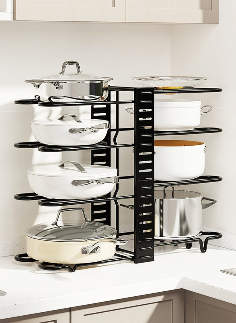 8 Tier Heavy Duty Pan Organizer Rack Adjustable Kitchen Cookware Storage Organizer Rack for Cabinet Non Slip Rubber Coated Pot Lid Holder Storage Stand for Cast Iron Skillet Under Sink Countertop Corner Storage Holder - Image 1