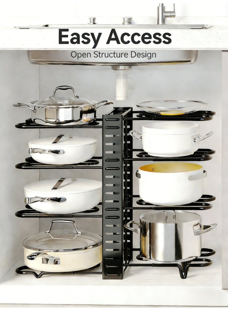 8 Tier Heavy Duty Pan Organizer Rack Adjustable Kitchen Cookware Storage Organizer Rack for Cabinet Non Slip Rubber Coated Pot Lid Holder Storage Stand for Cast Iron Skillet Under Sink Countertop Corner Storage Holder - Image 3
