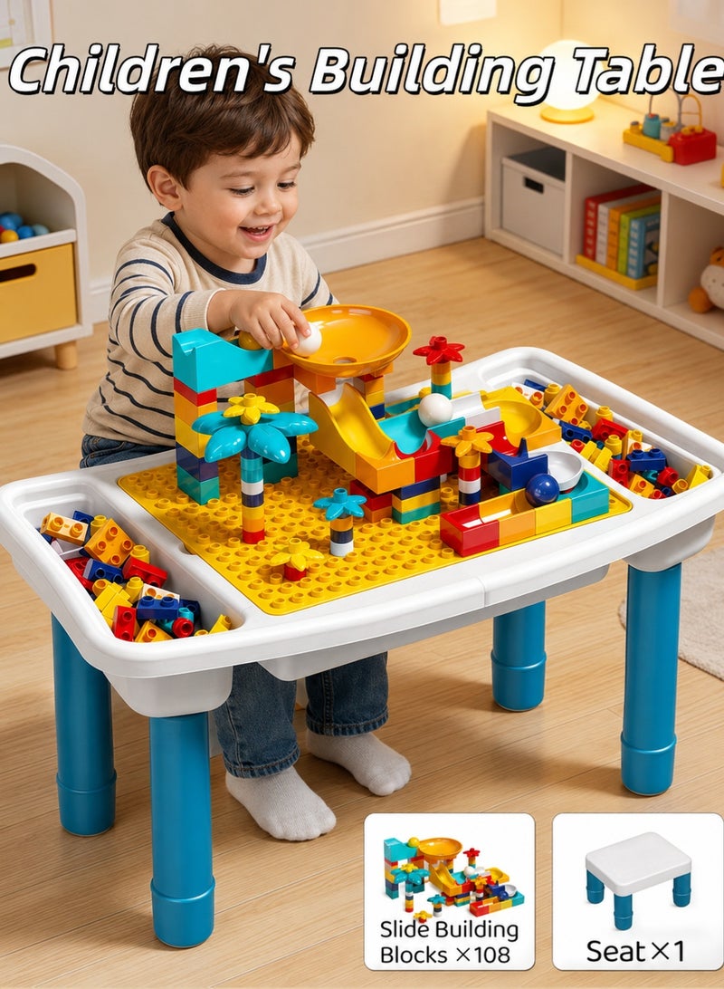 AOLS Kids 5-in-1 Multi Activity Table Set - 108 Pieces Large Building Blocks Compatible Bricks Toy Play Table Includes 1 Chair and Building Block Table 55*26CM - Image 1
