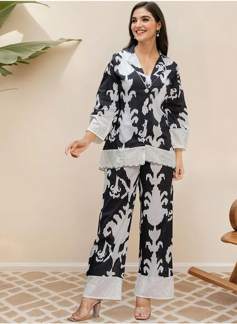 ISHIN Women's Black 100% Cotton Embellished Button Down Full Length Palazzo Straight Fit Co-Ords