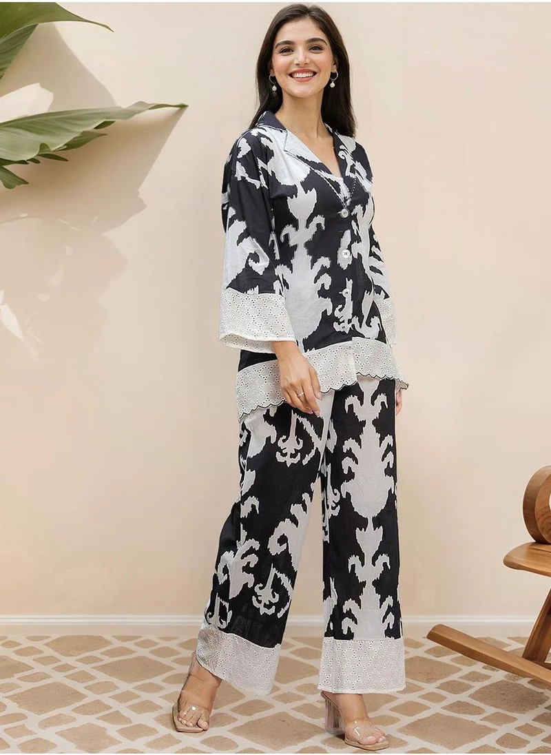 ISHIN Women's Black 100% Cotton Embellished Button Down Full Length Palazzo Straight Fit Co-Ords