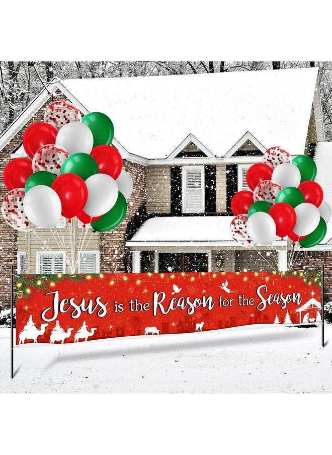 Oslove Organics Christmas Banner Decoration Set Jesus Is The Reason For The Season Yard Banner Nativity Fence Banner With 35 Pieces Latex Balloons Xmas Indoor Outdoor Decors Kit For Christmas Party Supplies  - Image 2