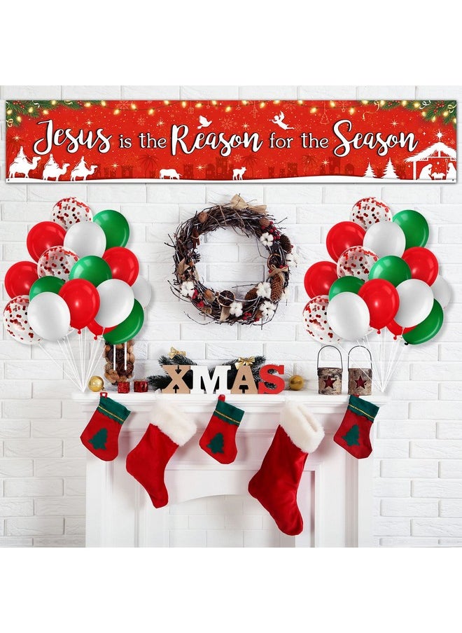 Oslove Organics Christmas Banner Decoration Set Jesus Is The Reason For The Season Yard Banner Nativity Fence Banner With 35 Pieces Latex Balloons Xmas Indoor Outdoor Decors Kit For Christmas Party Supplies  - Image 5