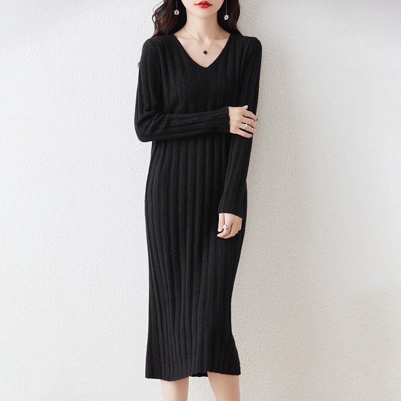 Autumn and Winter V-Neck 100 Pure Wool dress Womens Slim-fit Slimming Knee Sweater Long Skirt Matching Coat Knitted Base Skirt Black - Image 1