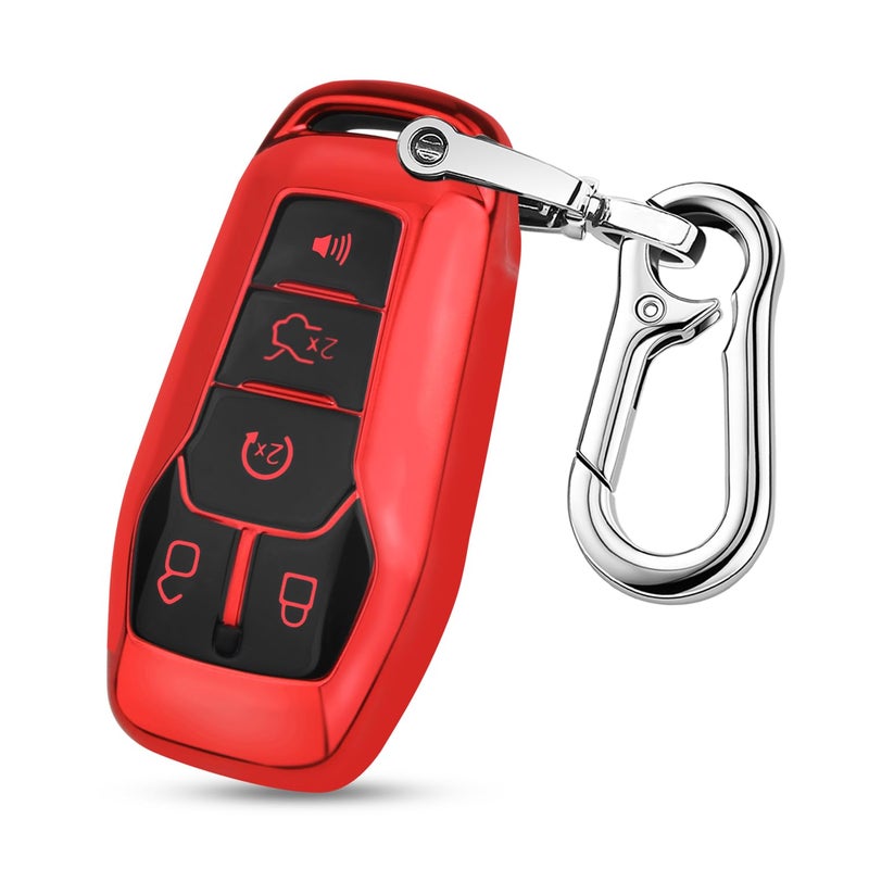 QBUC for Ford Key fob Cover,TPU 360 Degree Car Key Case Protector with Keychain Compatible with Ford Fusion F-150 Edge Explorer Mustang Lincoln MKZ MKC 2/3/4/5 Buttons Smart Key(Red), A-red, Universal