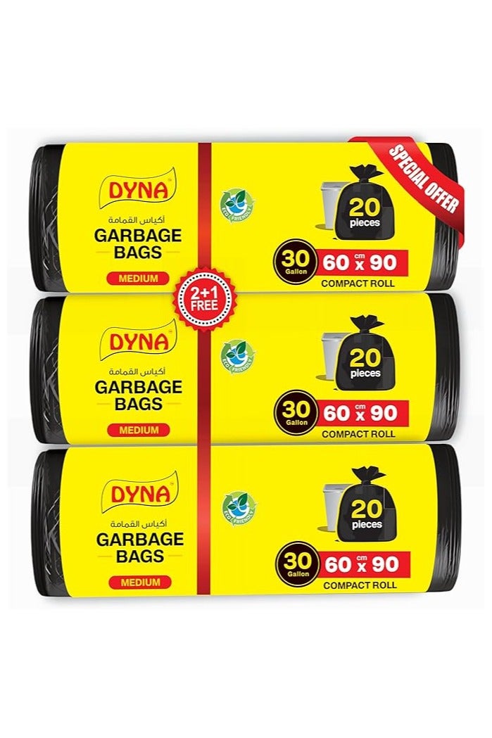 DYNA Garbage Bags, 30 Gallons Pack of 3, Black, 60 Bags, 60x90cm 