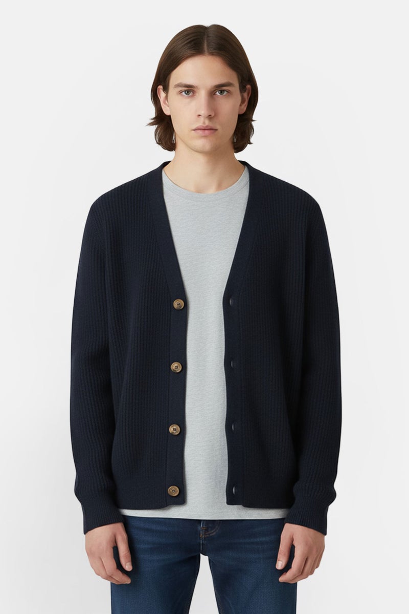 Threadbare Men V-Neck Knitted Cardigans, Navy Blue - Image 1