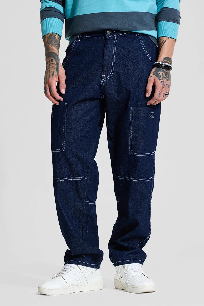 سنيتش Dark Blue Solid Loose Fit Streetwear Jeans