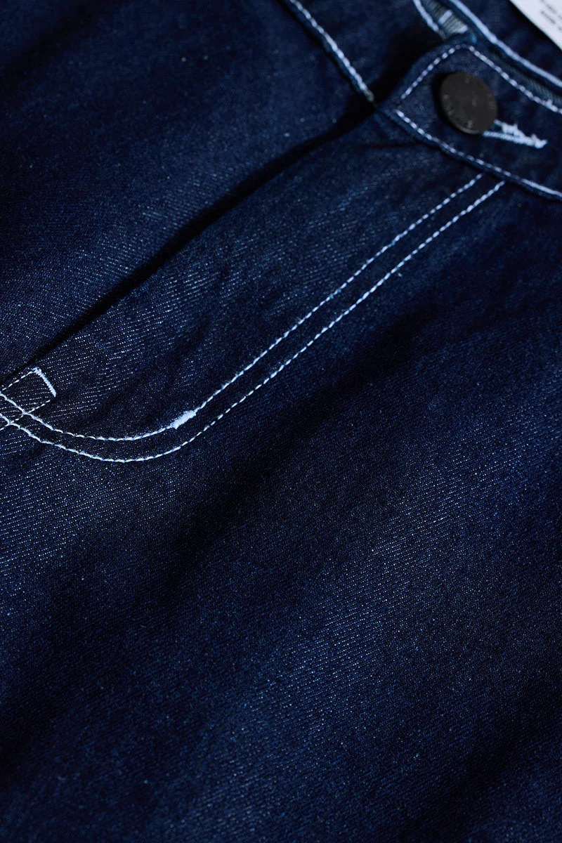 سنيتش Dark Blue Solid Loose Fit Streetwear Jeans